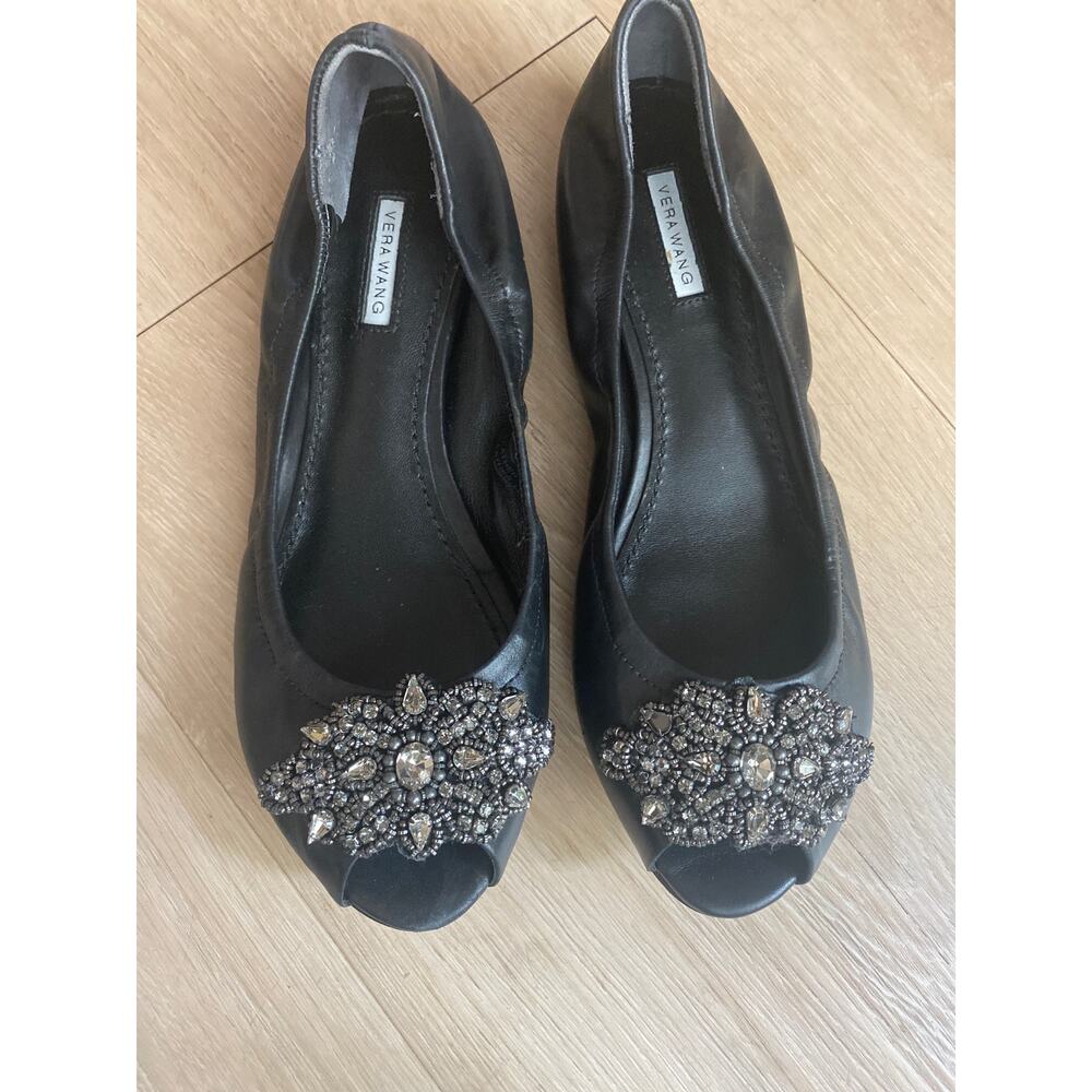 Vera Wang flats women’s size 5.5 black leather peep toe jeweled maximalist